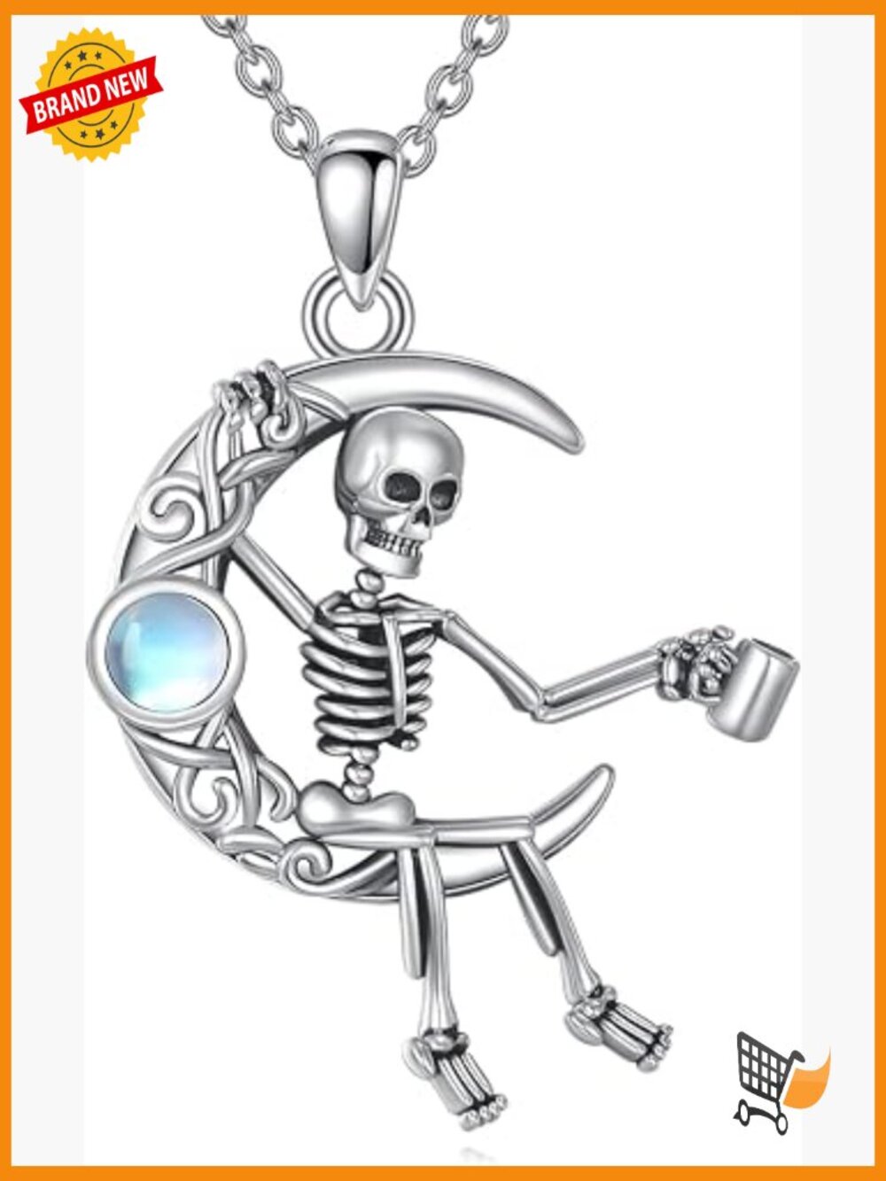 Gothic Skeleton Necklace Moonstone Pendant Sterling Silver Skull Jewelry